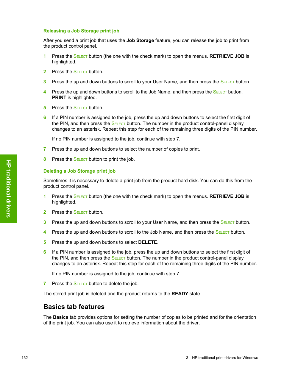 Releasing a job storage print job, Deleting a job storage print job, Basics tab features | Hp traditional drivers | HP 2420 User Manual | Page 148 / 334