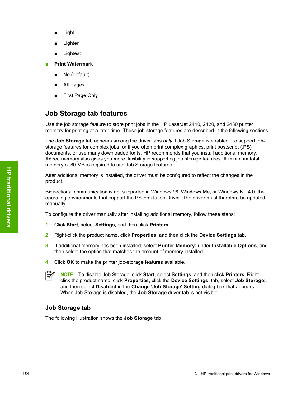 Job storage tab features, Job storage tab | HP 2420 User Manual | Page 170 / 334