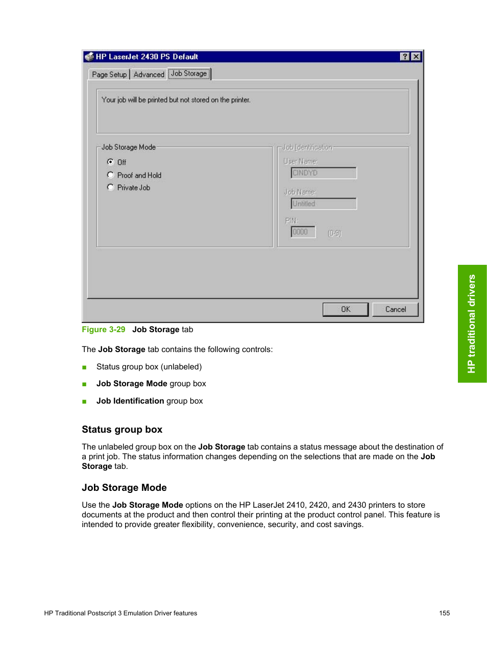 Status group box, Job storage mode, Status group box job storage mode | HP 2420 User Manual | Page 171 / 334