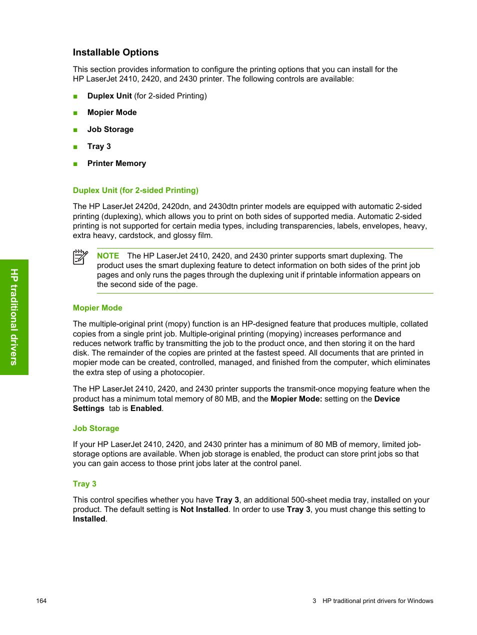 Installable options, Duplex unit (for 2-sided printing), Mopier mode | Job storage, Tray 3 | HP 2420 User Manual | Page 180 / 334