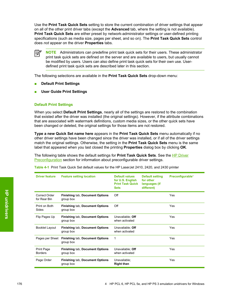 Default print settings, Hp unidrivers | HP 2420 User Manual | Page 192 / 334