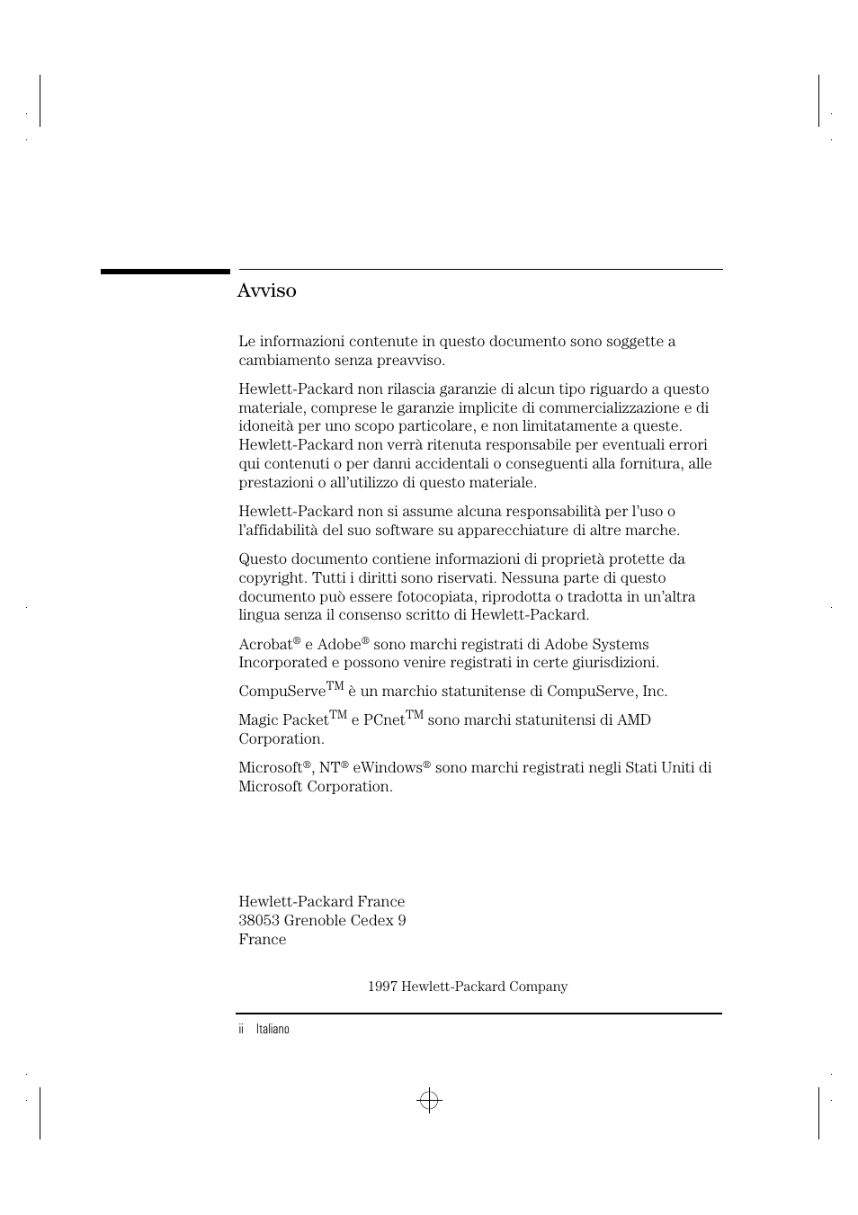 Avviso | HP 10BT NightDIRECTOR/100 User Manual | Page 98 / 121