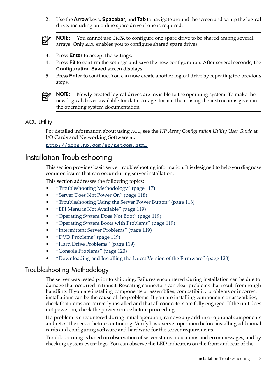 Acu utility, Installation troubleshooting, Troubleshooting methodology | HP INTEGRITY RX3600 User Manual | Page 117 / 356