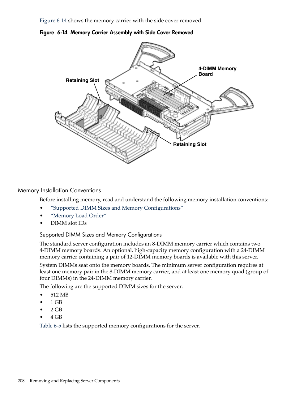 Memory installation conventions, Supported dimm sizes and memory configurations, Memory carrier assembly with side cover removed | HP INTEGRITY RX3600 User Manual | Page 208 / 356