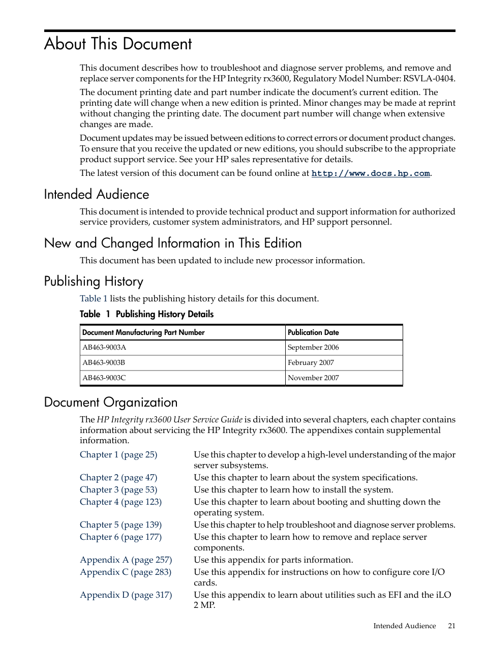 About this document, Intended audience, New and changed information in this edition | Publishing history, Document organization, Publishing history details | HP INTEGRITY RX3600 User Manual | Page 21 / 356