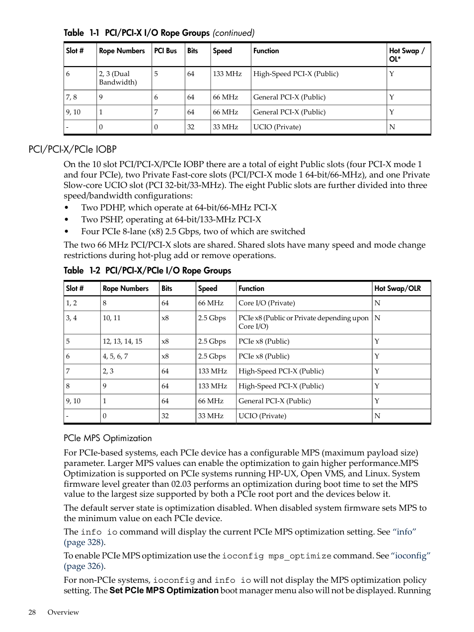 Pci/pci-x/pcie iobp, Pcie mps optimization, Pci/pci-x/pcie i/o rope groups | HP INTEGRITY RX3600 User Manual | Page 28 / 356