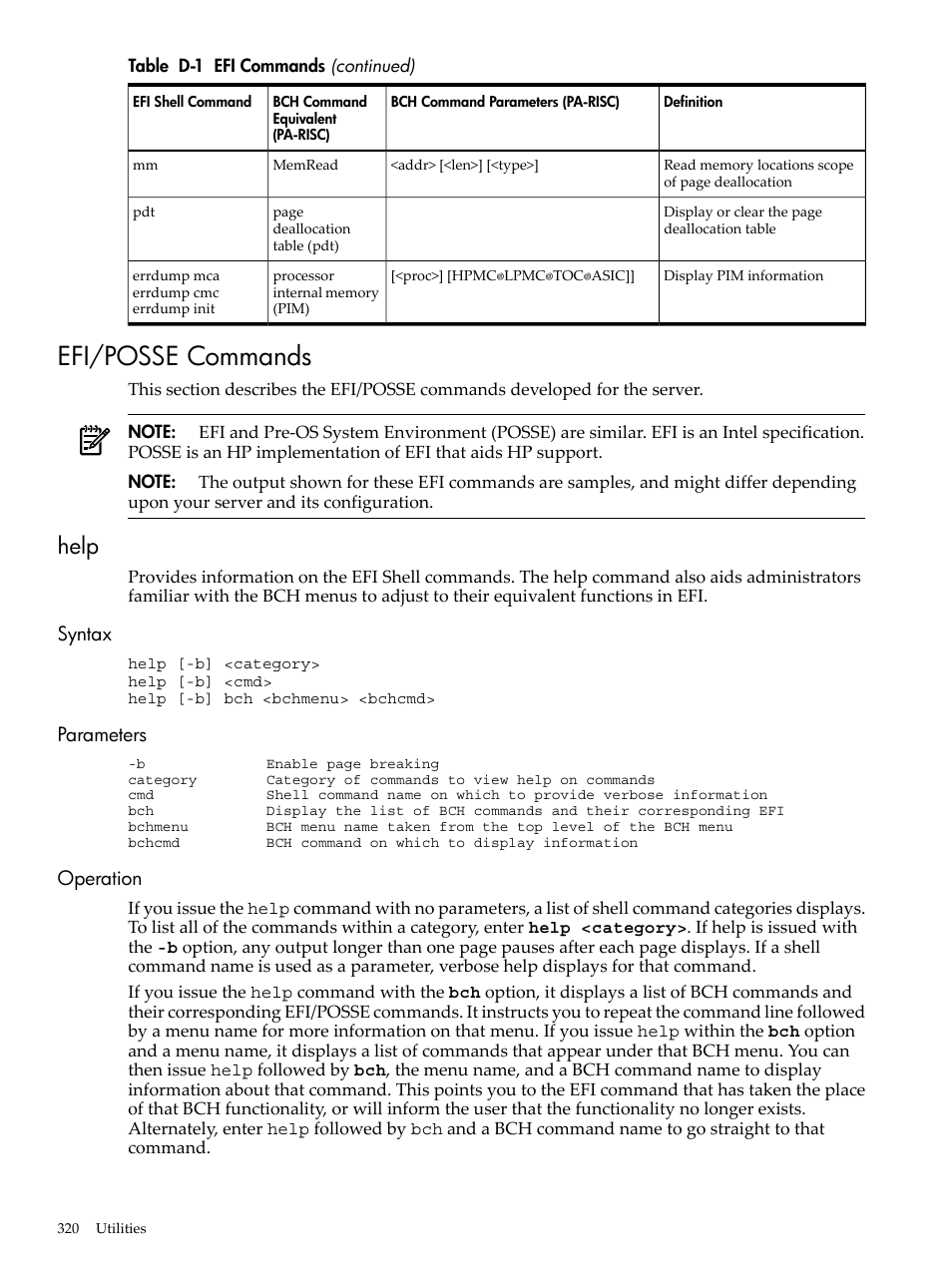 Efi/posse commands, Help, Syntax | Parameters, Operation, Syntax parameters operation | HP INTEGRITY RX3600 User Manual | Page 320 / 356