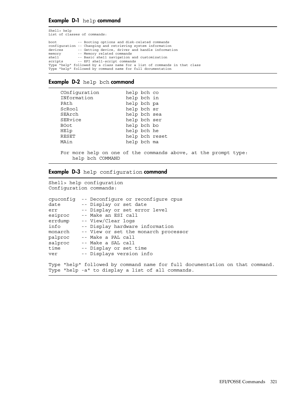 Help, Command, Help bch | Help configuration | HP INTEGRITY RX3600 User Manual | Page 321 / 356