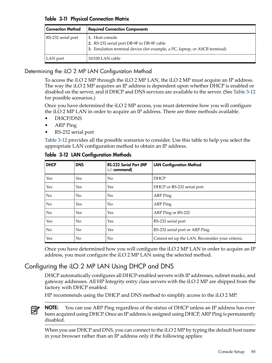 Determining the ilo 2 mp lan configuration method, Configuring the ilo 2 mp lan using dhcp and dns, Physical connection matrix | Lan configuration methods | HP INTEGRITY RX3600 User Manual | Page 85 / 356