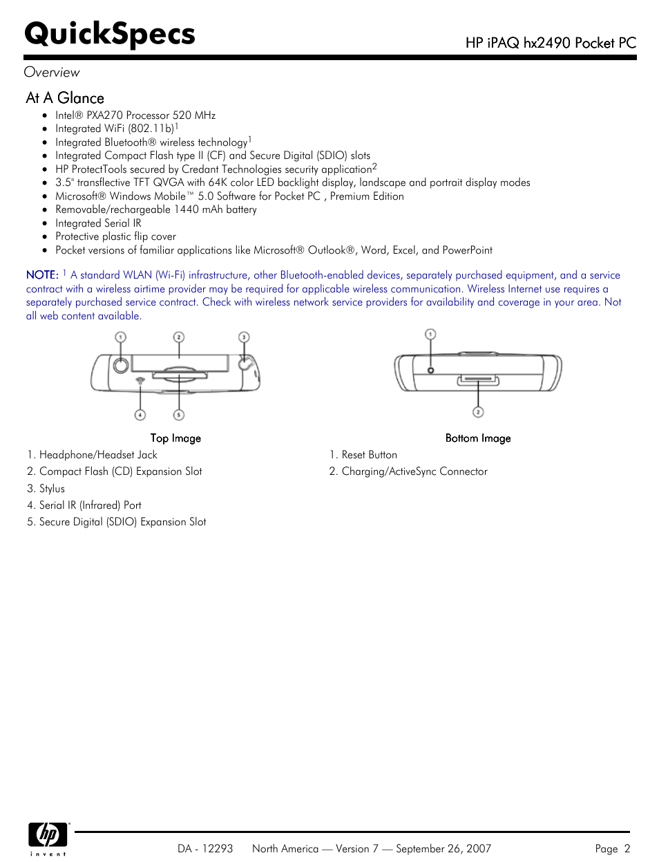 Quickspecs, At a glance, Hp ipaq hx2490 pocket pc | Hp ipaq hx2490 pocket pc overview | HP iPAQhx HX2490b User Manual | Page 2 / 10