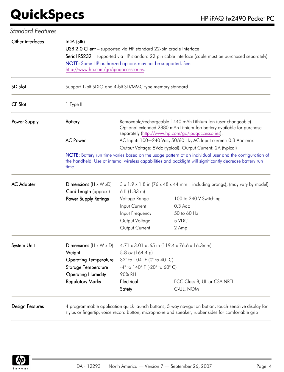 Quickspecs, Hp ipaq hx2490 pocket pc, Hp ipaq hx2490 pocket pc standard features | HP iPAQhx HX2490b User Manual | Page 4 / 10