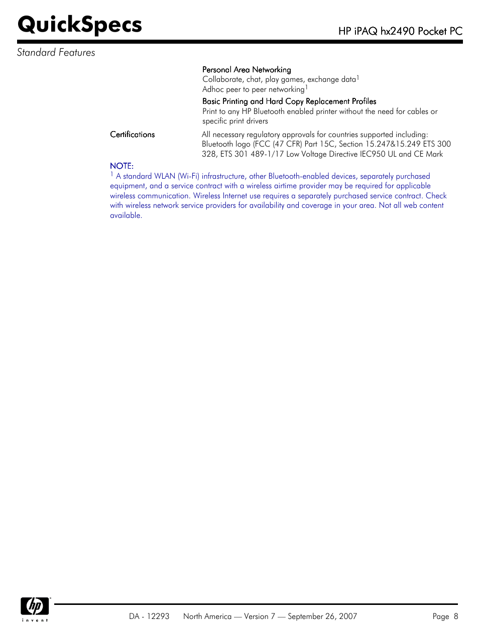 Quickspecs, Hp ipaq hx2490 pocket pc, Hp ipaq hx2490 pocket pc standard features | HP iPAQhx HX2490b User Manual | Page 8 / 10