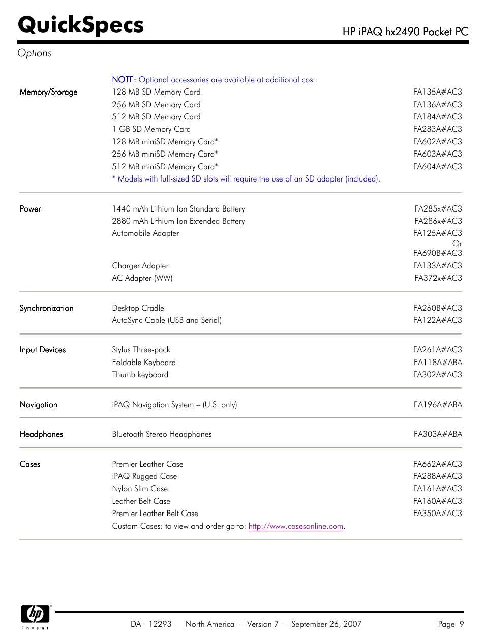 Options, Quickspecs, Hp ipaq hx2490 pocket pc | Hp ipaq hx2490 pocket pc options | HP iPAQhx HX2490b User Manual | Page 9 / 10
