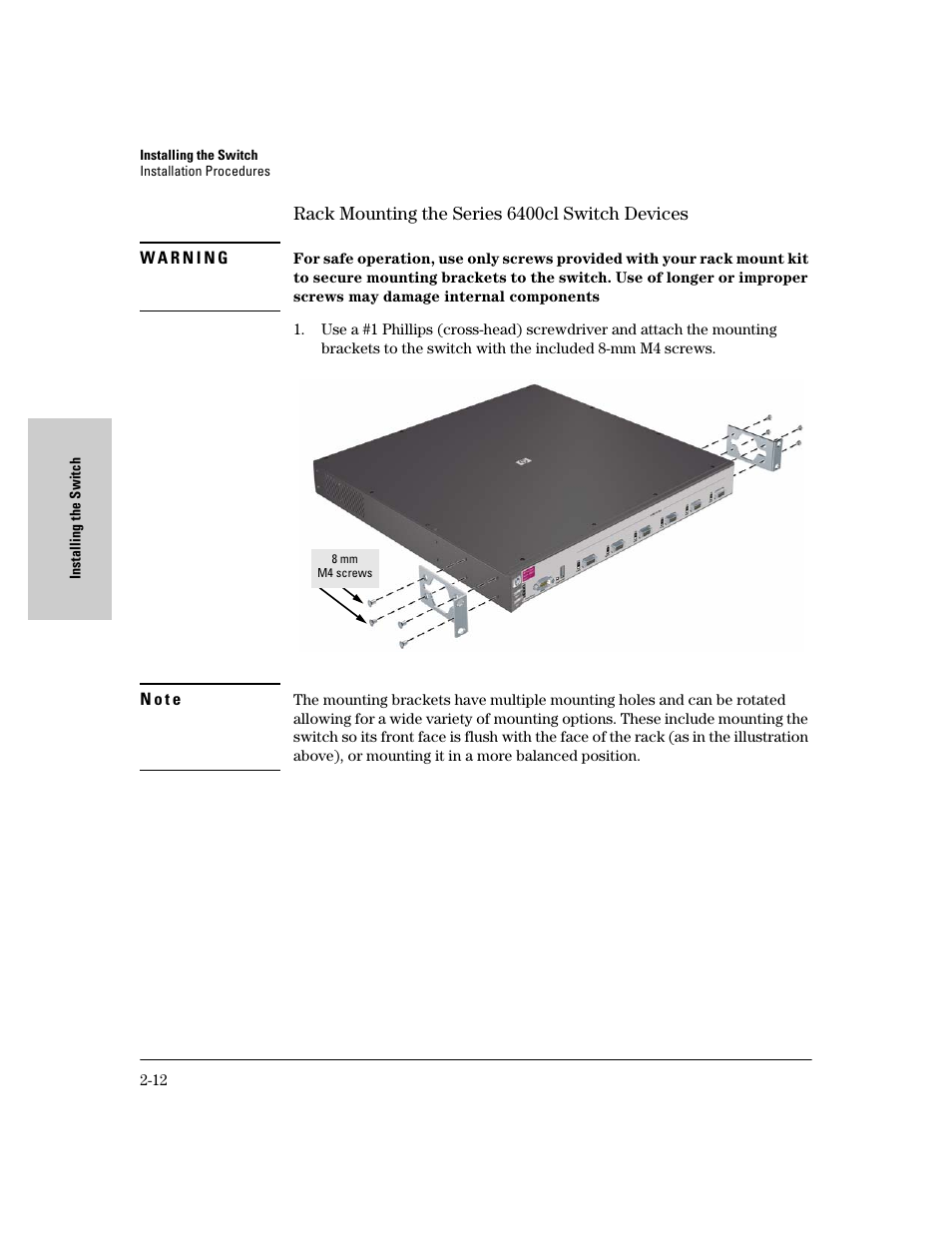 Rack mounting the series 6400cl switch devices, Rack mounting the series 6400cl switch devices -12 | HP 6400CL User Manual | Page 30 / 84