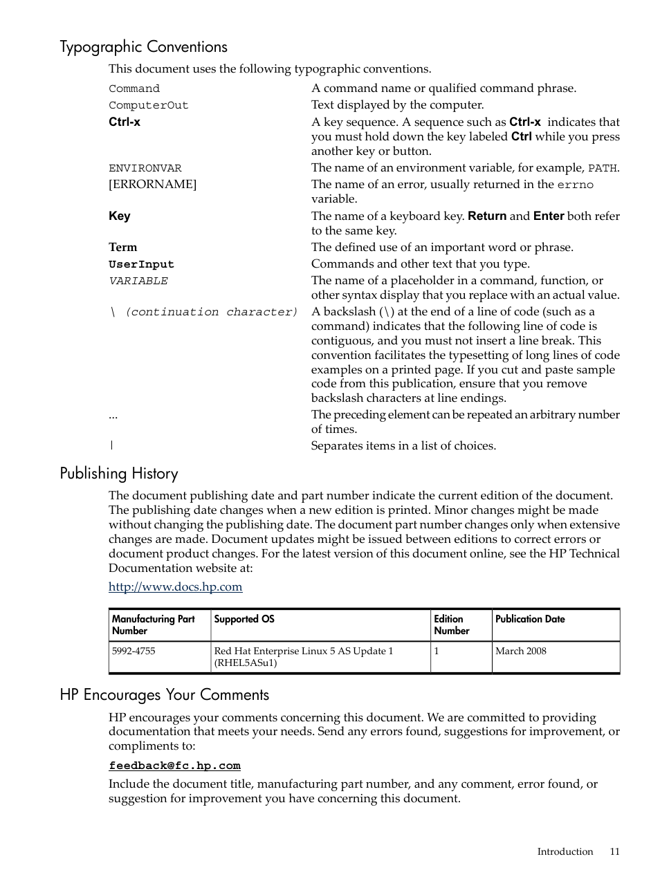 Typographic conventions, Publishing history, Hp encourages your comments | HP 5992-4755 User Manual | Page 11 / 21