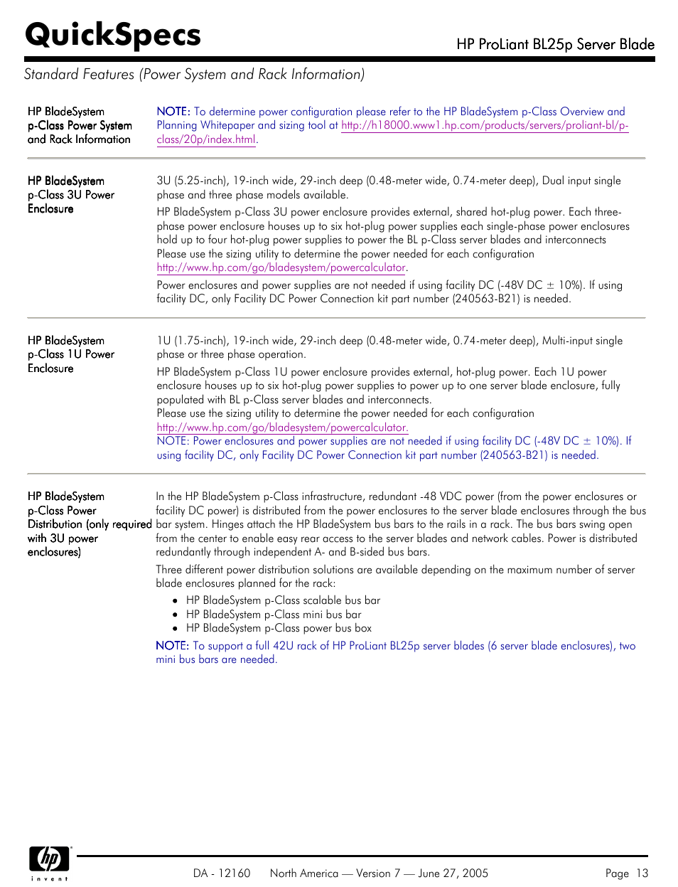 Quickspecs, Hp proliant bl25p server blade | HP 275 User Manual | Page 13 / 45