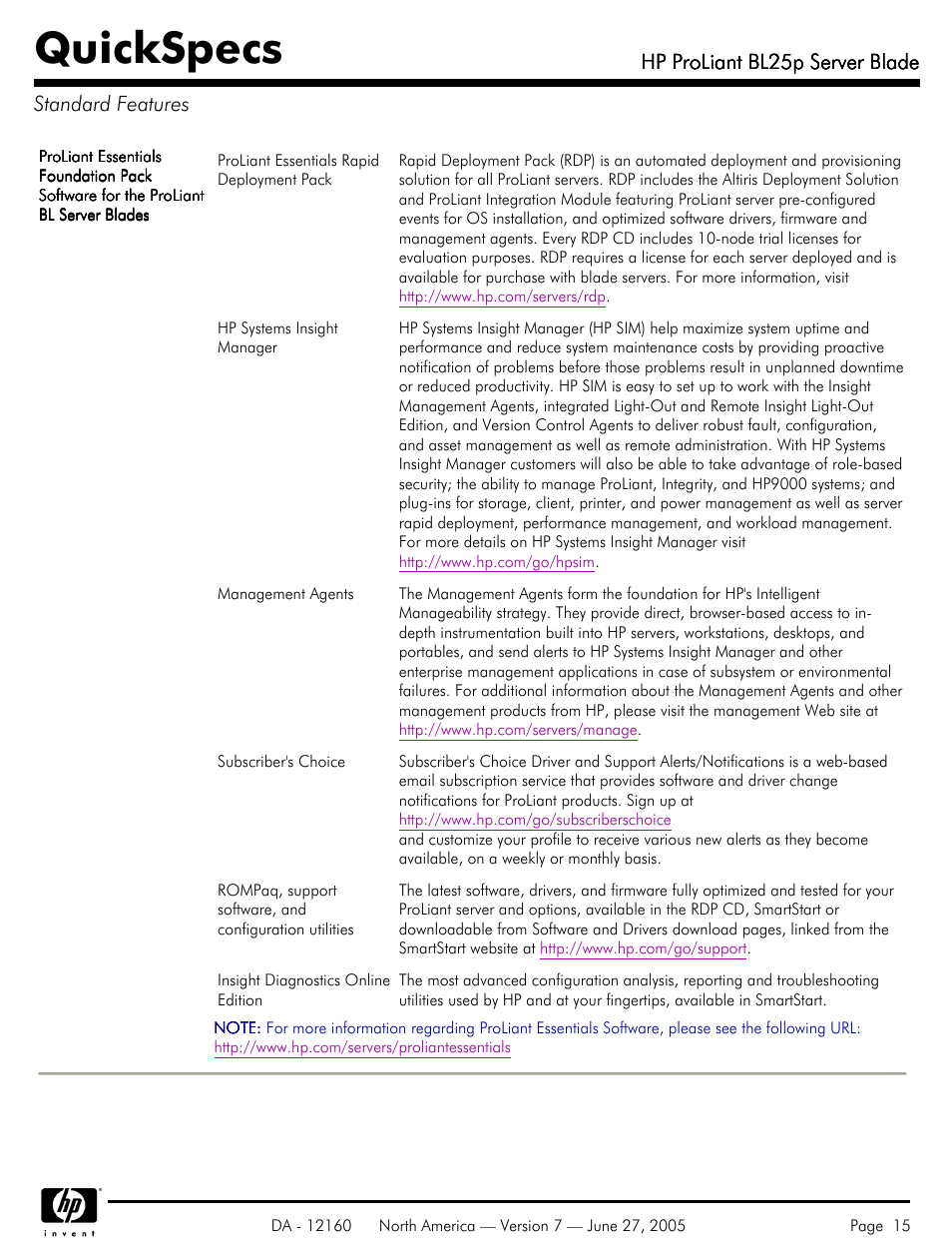 Standard features, Quickspecs, Hp proliant bl25p server blade | Hp proliant bl25p server blade standard features | HP 275 User Manual | Page 15 / 45