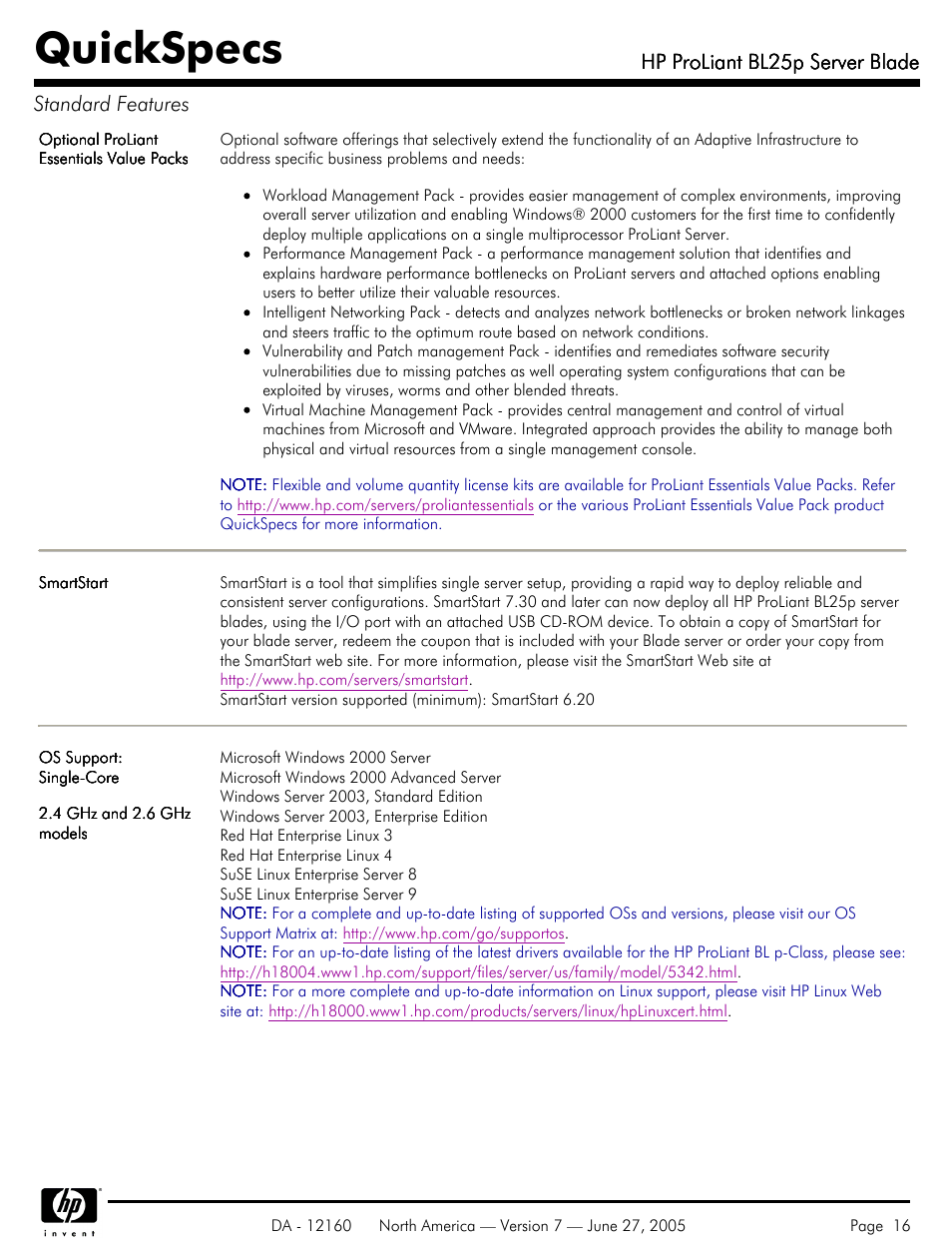 Quickspecs, Hp proliant bl25p server blade, Hp proliant bl25p server blade standard features | HP 275 User Manual | Page 16 / 45