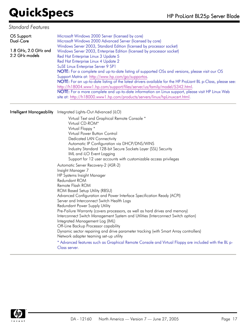 Quickspecs, Hp proliant bl25p server blade, Hp proliant bl25p server blade standard features | HP 275 User Manual | Page 17 / 45