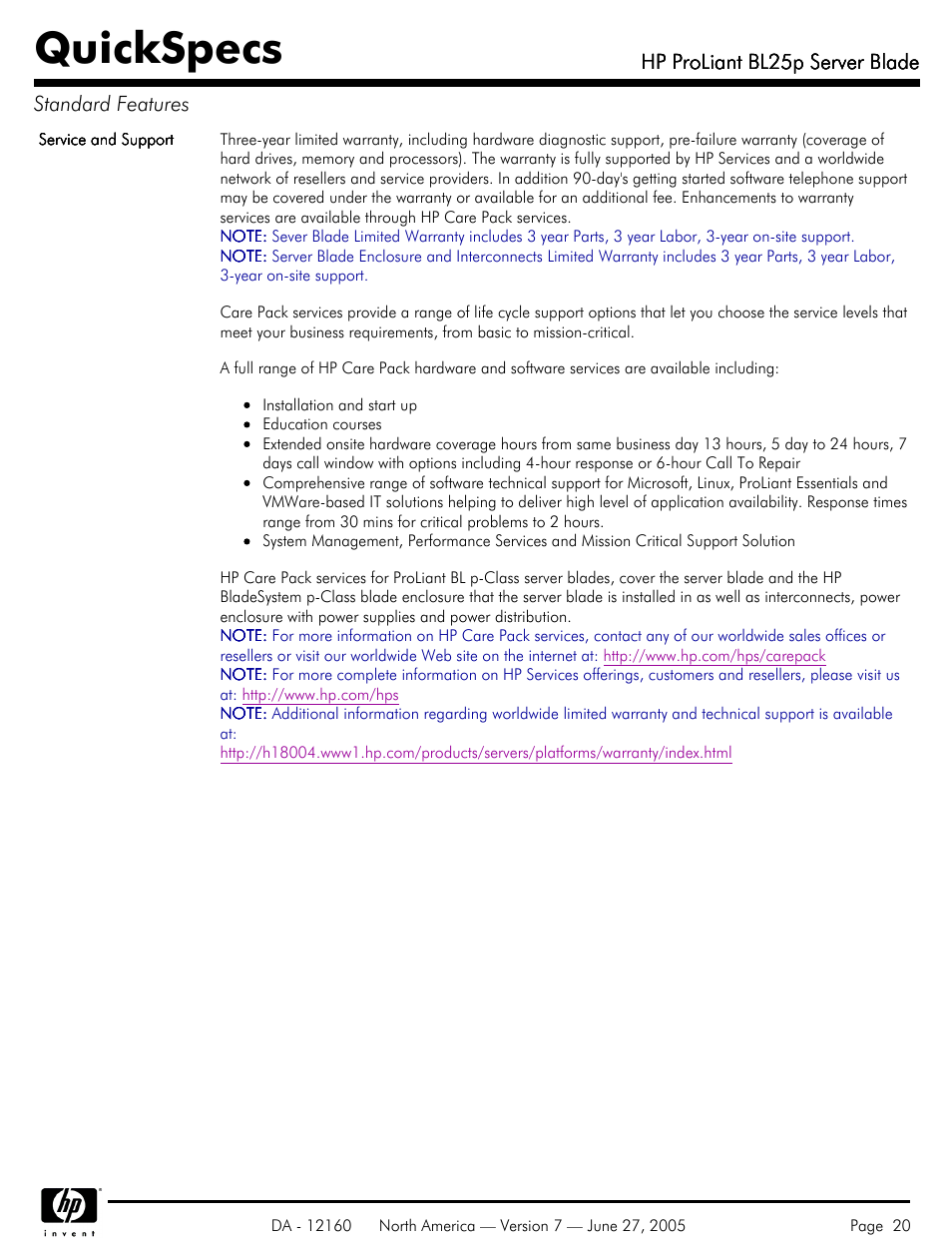 Quickspecs, Hp proliant bl25p server blade, Hp proliant bl25p server blade standard features | HP 275 User Manual | Page 20 / 45