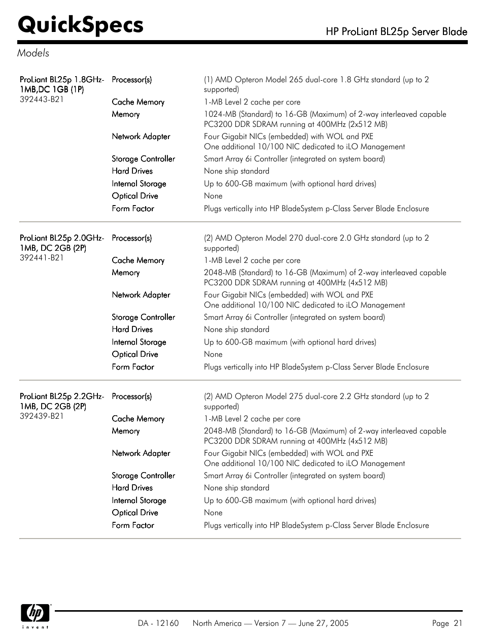Models, Quickspecs, Hp proliant bl25p server blade | Hp proliant bl25p server blade models | HP 275 User Manual | Page 21 / 45
