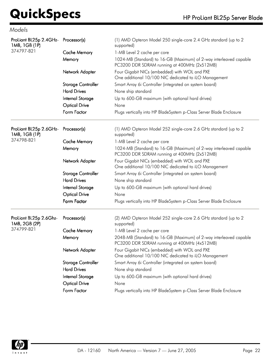 Quickspecs, Hp proliant bl25p server blade, Hp proliant bl25p server blade models | HP 275 User Manual | Page 22 / 45