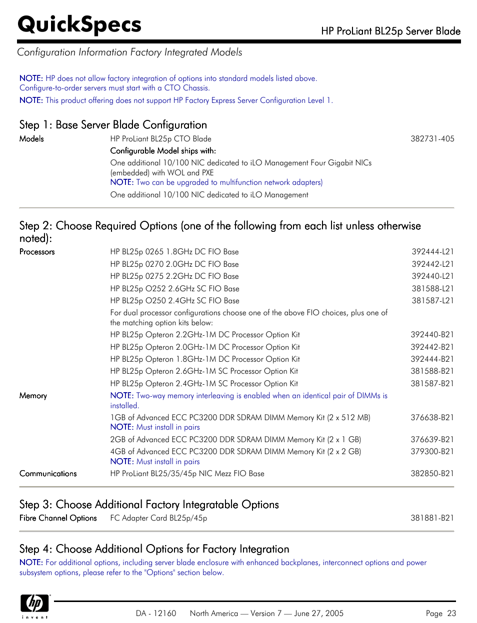 Quickspecs, Step 1: base server blade configuration, Hp proliant bl25p server blade | HP 275 User Manual | Page 23 / 45