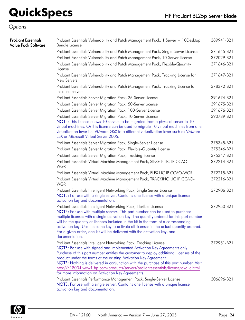 Options, Quickspecs, Hp proliant bl25p server blade | Hp proliant bl25p server blade options | HP 275 User Manual | Page 24 / 45