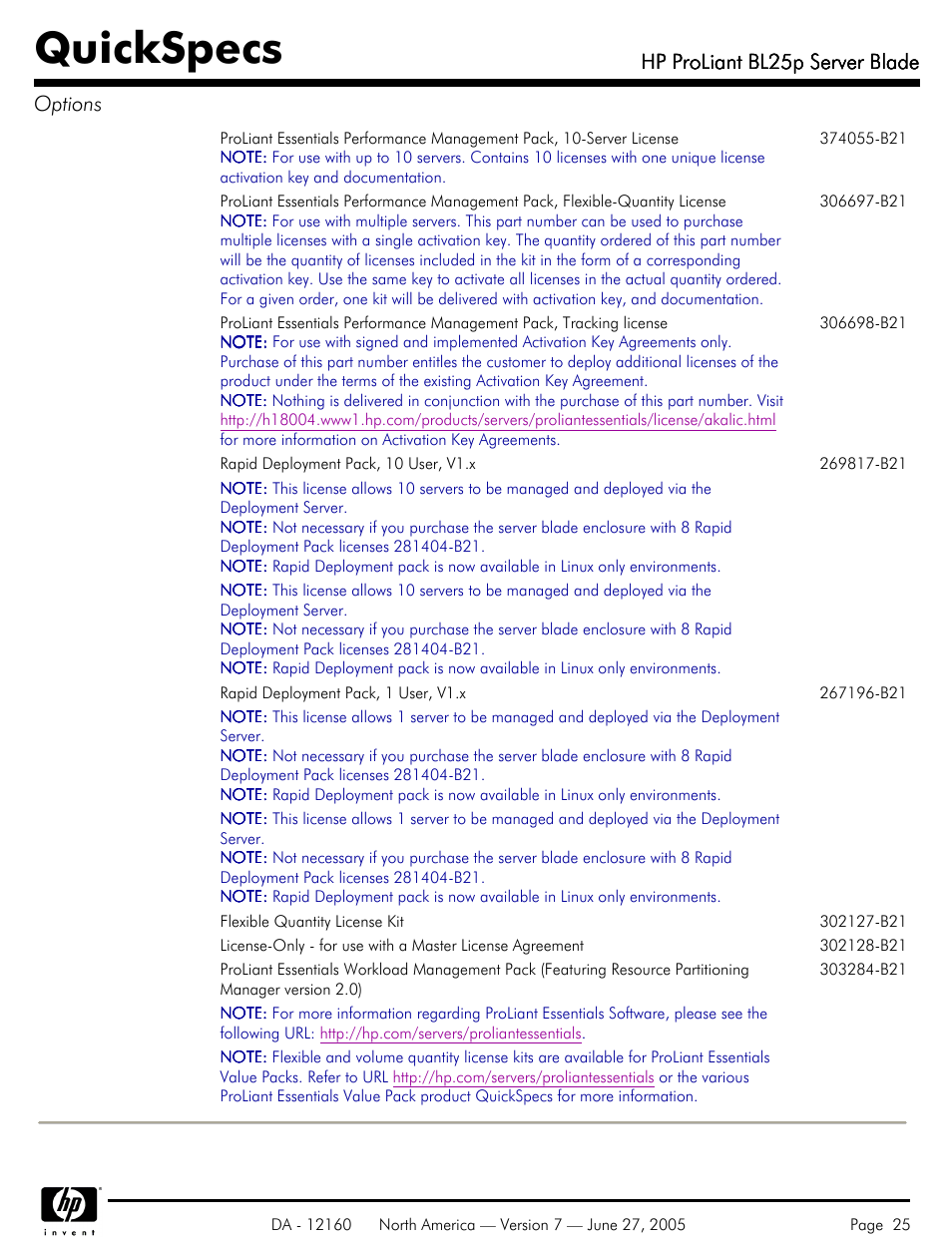 Quickspecs, Hp proliant bl25p server blade, Hp proliant bl25p server blade options | HP 275 User Manual | Page 25 / 45
