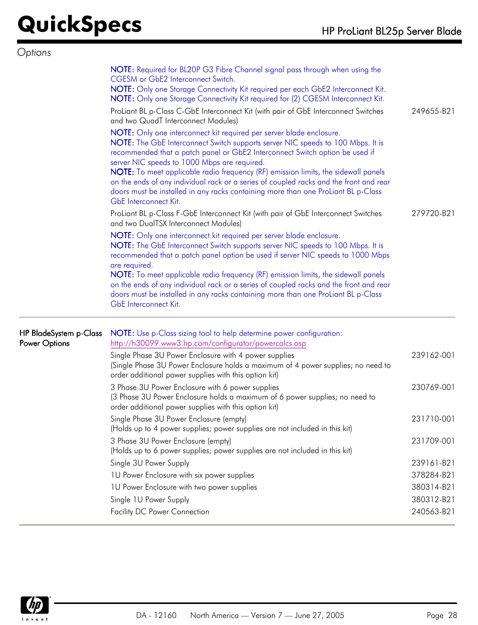 Quickspecs, Hp proliant bl25p server blade, Hp proliant bl25p server blade options | HP 275 User Manual | Page 28 / 45