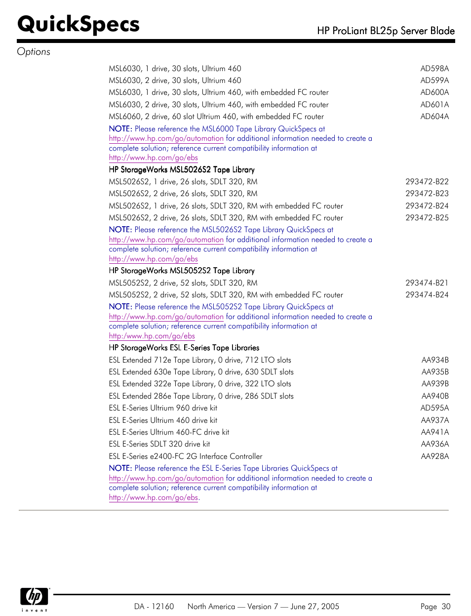 Quickspecs, Hp proliant bl25p server blade, Hp proliant bl25p server blade options | HP 275 User Manual | Page 30 / 45