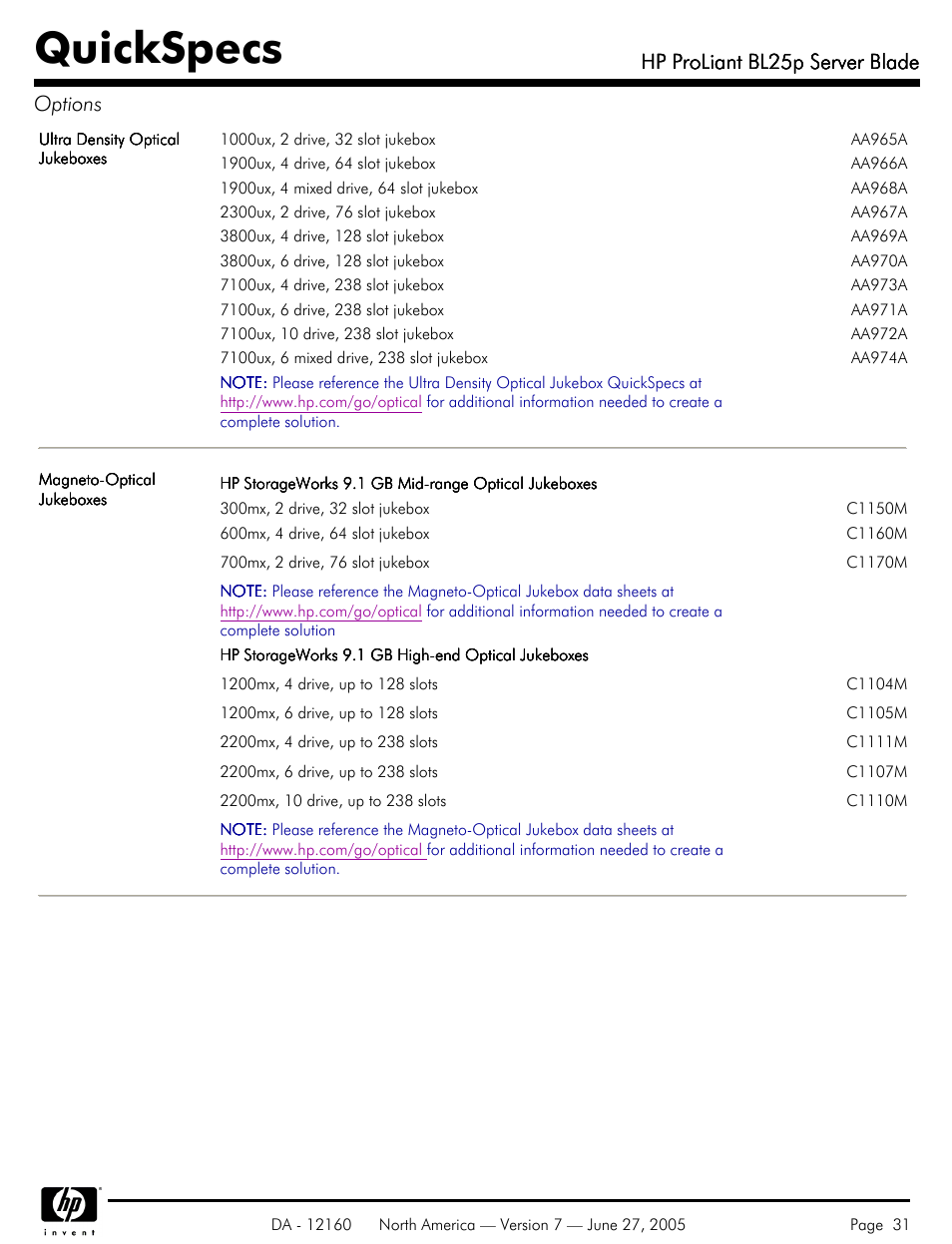 Quickspecs, Hp proliant bl25p server blade, Hp proliant bl25p server blade options | HP 275 User Manual | Page 31 / 45