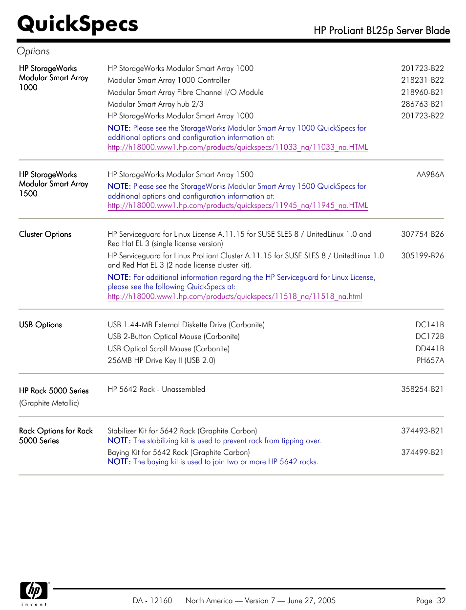Quickspecs, Hp proliant bl25p server blade, Hp proliant bl25p server blade options | HP 275 User Manual | Page 32 / 45