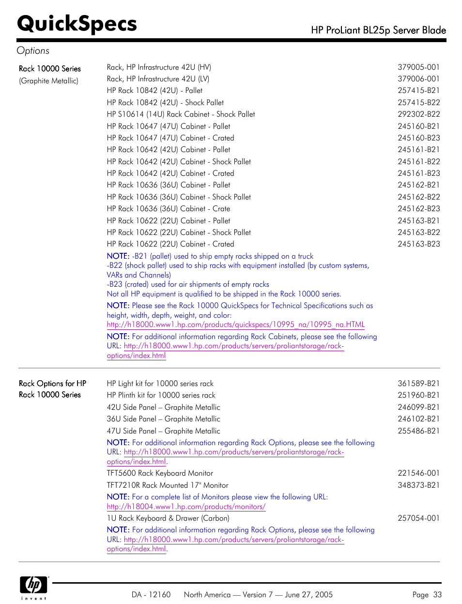 Quickspecs, Hp proliant bl25p server blade, Hp proliant bl25p server blade options | HP 275 User Manual | Page 33 / 45