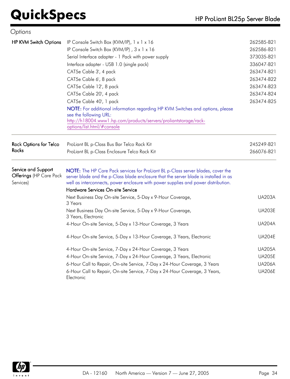 Quickspecs, Hp proliant bl25p server blade, Hp proliant bl25p server blade options | HP 275 User Manual | Page 34 / 45