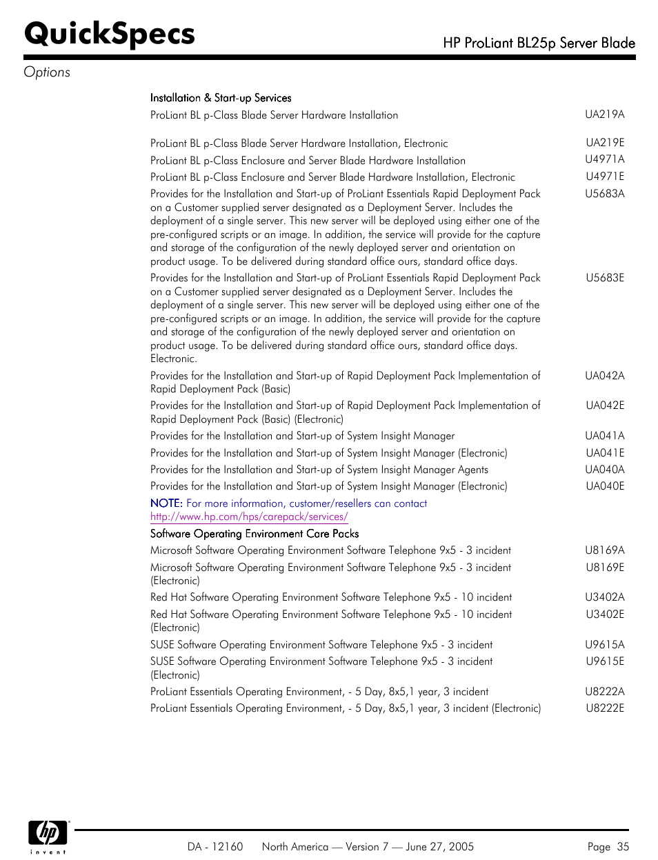 Quickspecs, Hp proliant bl25p server blade, Hp proliant bl25p server blade options | HP 275 User Manual | Page 35 / 45