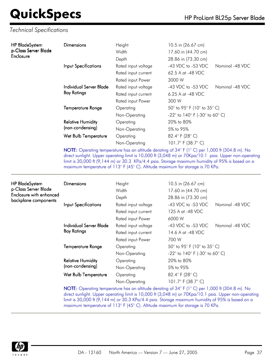 Technical specifications, Quickspecs, Hp proliant bl25p server blade | HP 275 User Manual | Page 37 / 45
