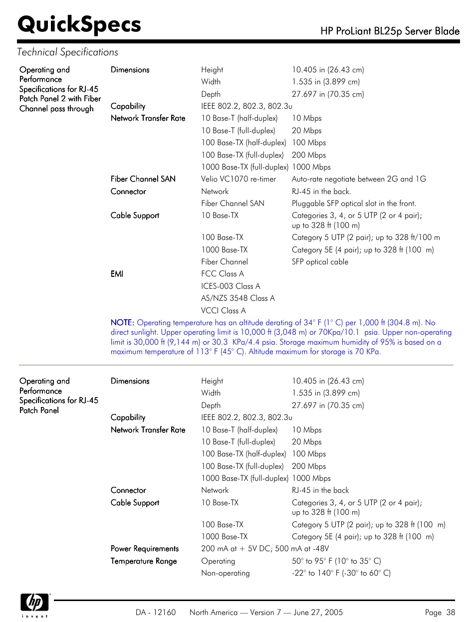 Quickspecs, Hp proliant bl25p server blade | HP 275 User Manual | Page 38 / 45