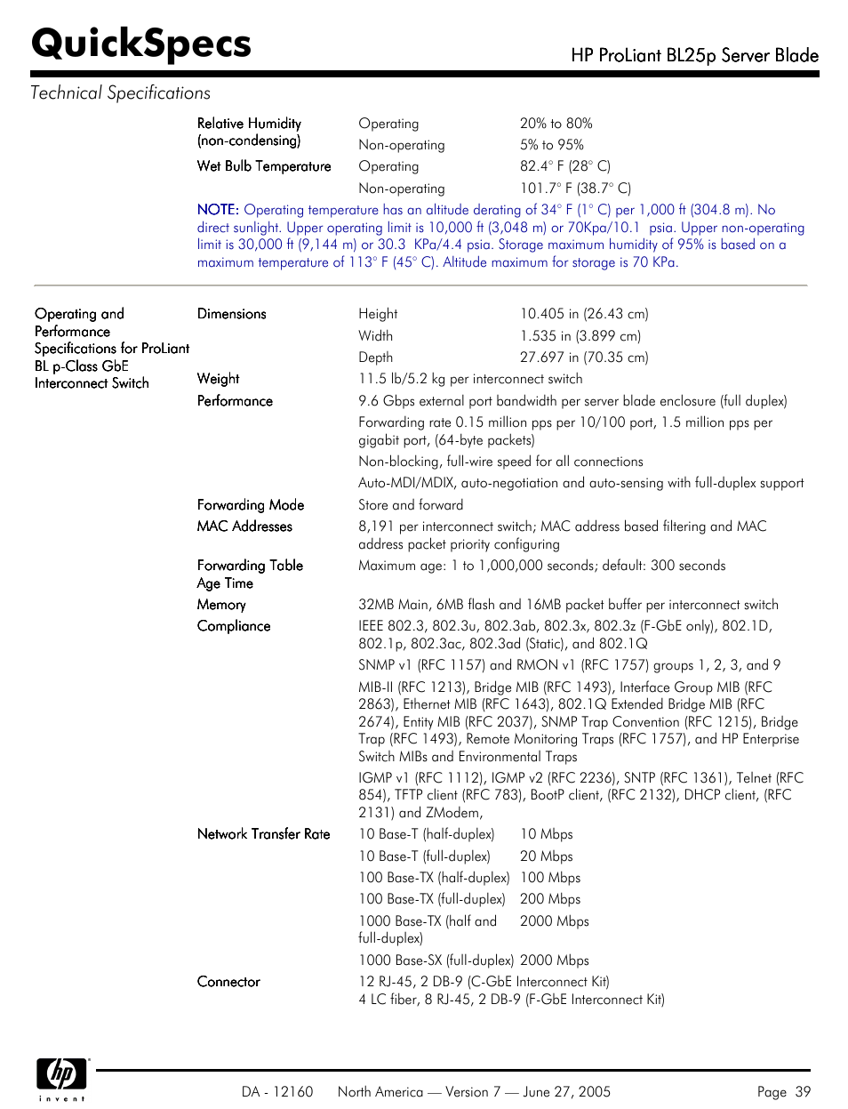 Quickspecs, Hp proliant bl25p server blade | HP 275 User Manual | Page 39 / 45