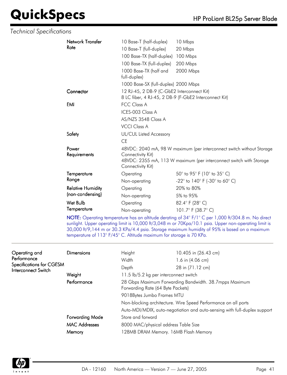 Quickspecs, Hp proliant bl25p server blade | HP 275 User Manual | Page 41 / 45