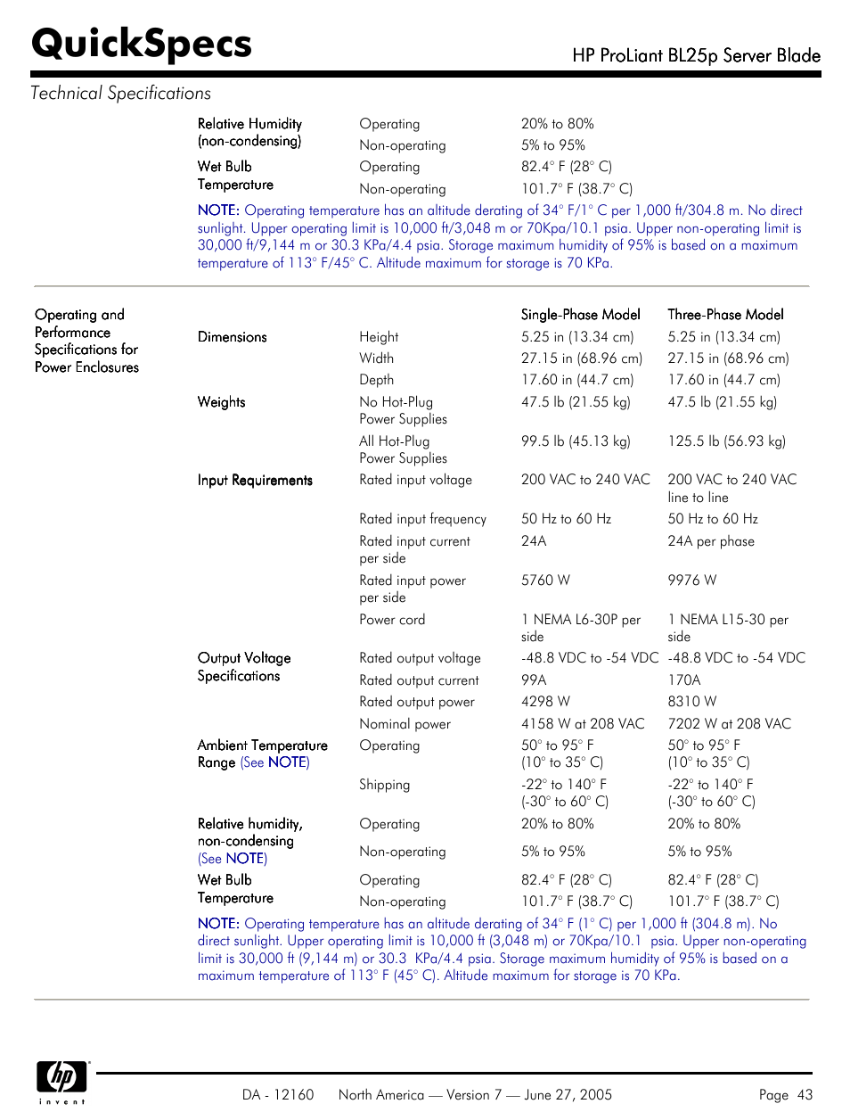 Quickspecs, Hp proliant bl25p server blade | HP 275 User Manual | Page 43 / 45
