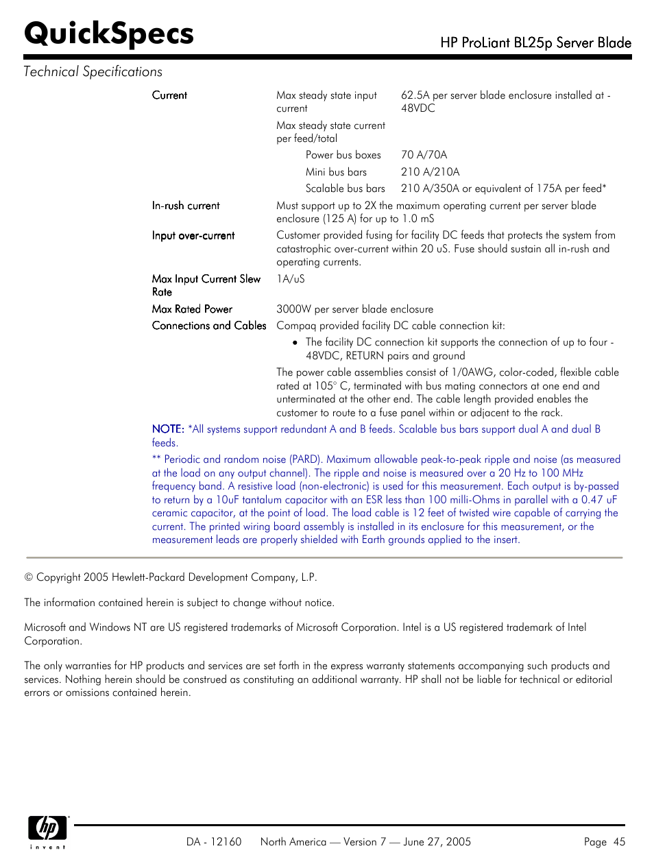 Quickspecs, Hp proliant bl25p server blade | HP 275 User Manual | Page 45 / 45