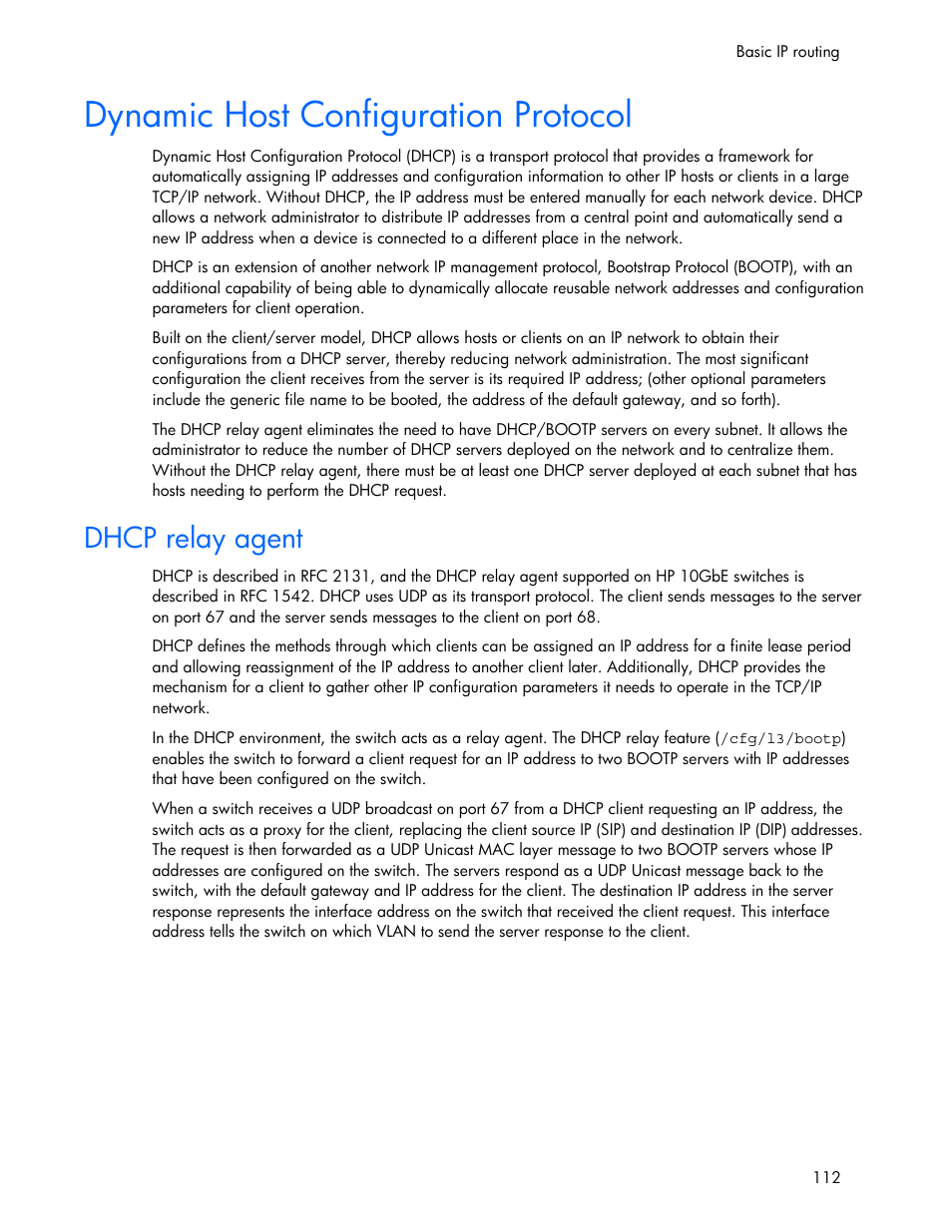 Dhcp relay agent, Dynamic host configuration protocol | HP 445946-001 User Manual | Page 112 / 198