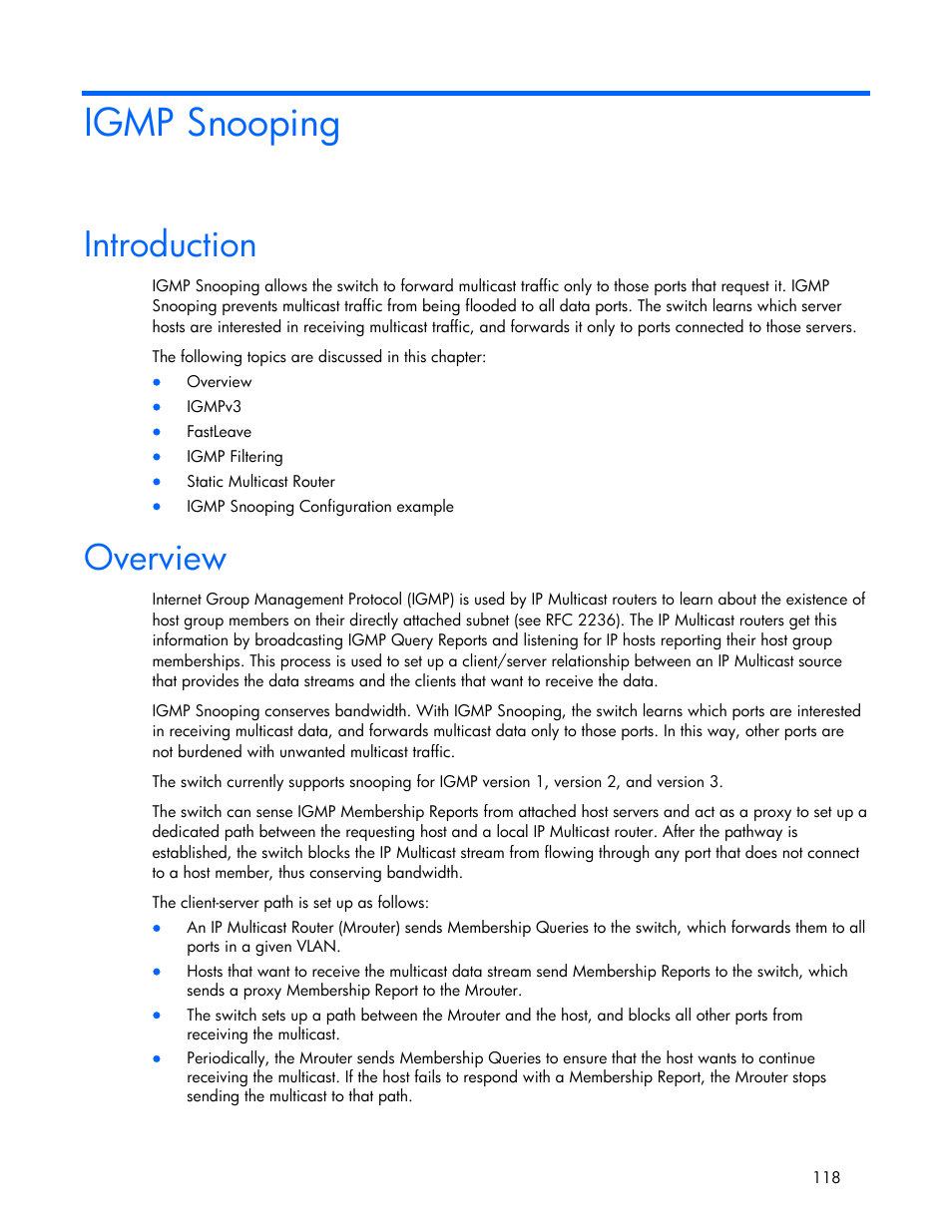 Igmp snooping, Introduction, Overview | HP 445946-001 User Manual | Page 118 / 198