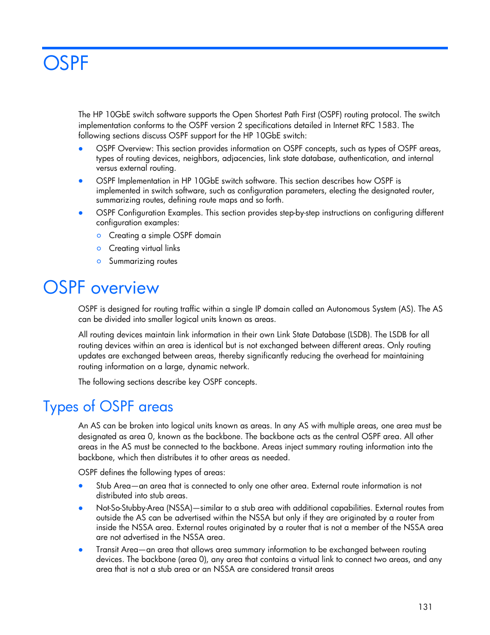 Ospf, Types of ospf areas, Ospf overview | HP 445946-001 User Manual | Page 131 / 198