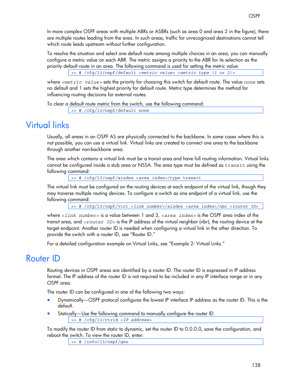 Virtual links, Router id | HP 445946-001 User Manual | Page 138 / 198
