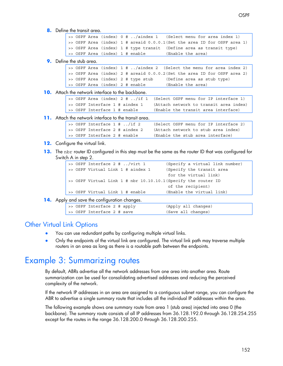 Other virtual link options, Example 3: summarizing routes | HP 445946-001 User Manual | Page 152 / 198