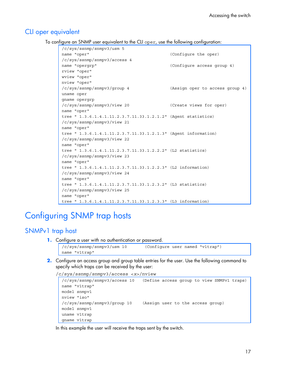 Cli oper equivalent, Configuring snmp trap hosts, Snmpv1 trap host | HP 445946-001 User Manual | Page 17 / 198