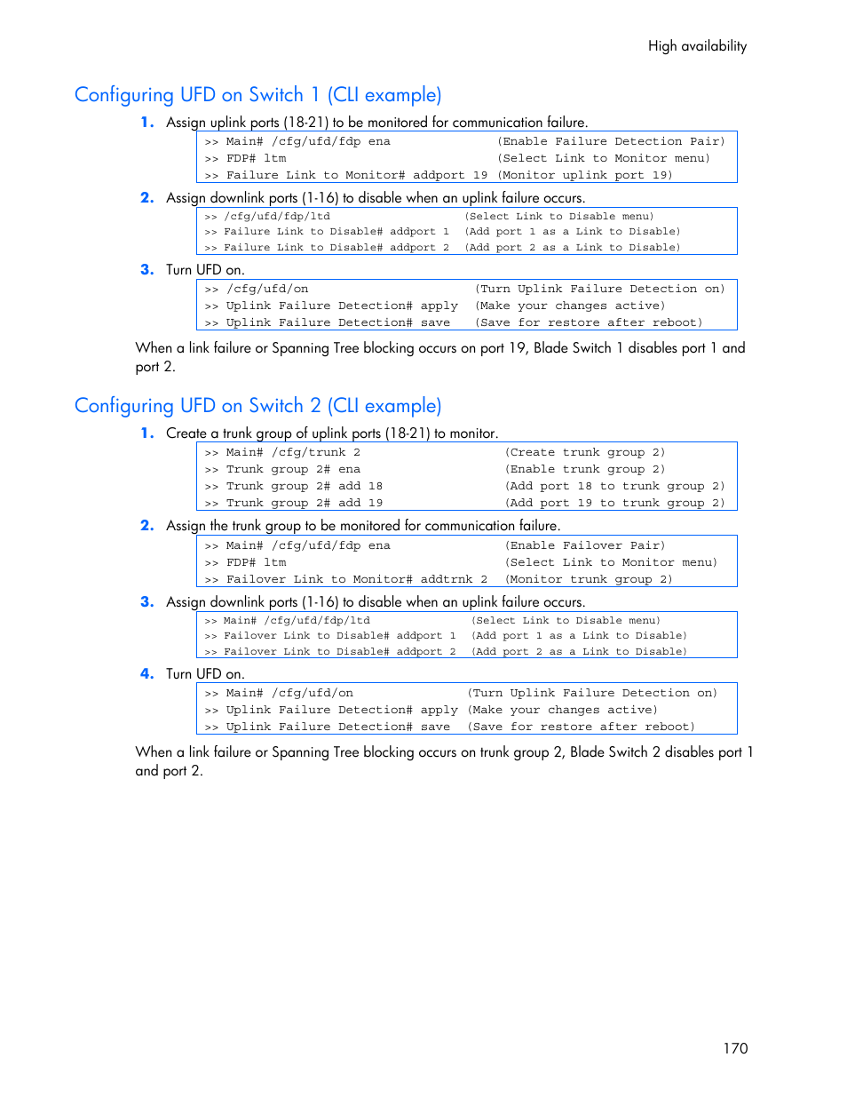 Configuring ufd on switch 1 (cli example), Configuring ufd on switch 2 (cli example) | HP 445946-001 User Manual | Page 170 / 198