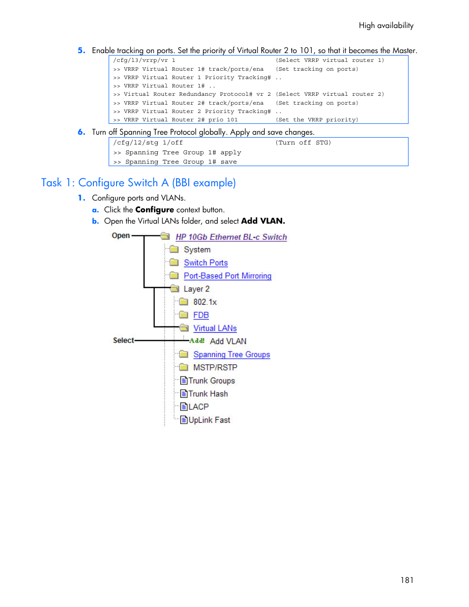 Task 1: configure switch a (bbi example) | HP 445946-001 User Manual | Page 181 / 198